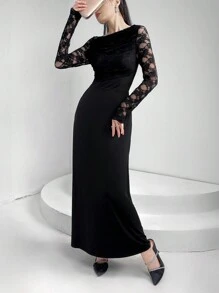 Modelyn Women Asymmetrical Collar Long Sleeve Lace Elegant Dress Long Evening Dresses - Black - View 7