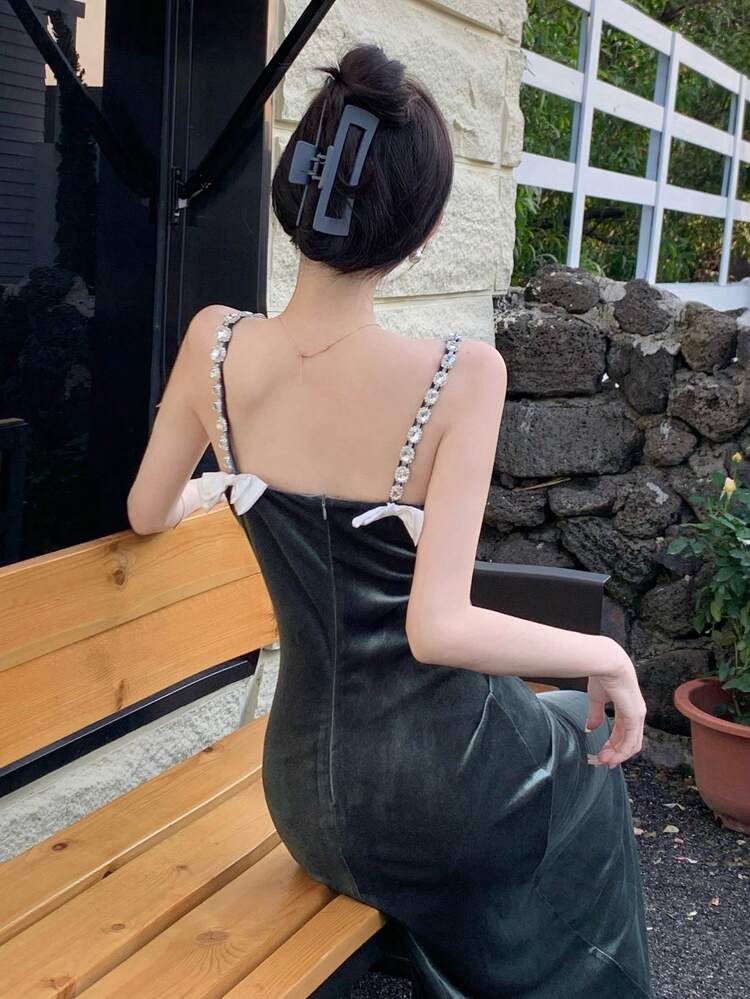 Velvet Spaghetti Strap Dress With Rhinestone-Encrusted Bow Decoration, Birthday Prom Dress Sundress,Formal Women Dresses Elegant Women Dresses