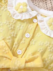 Baby Girl's Casual Short Sleeve Romper With 3d Flower Collar, Summer - Yellow - View 4