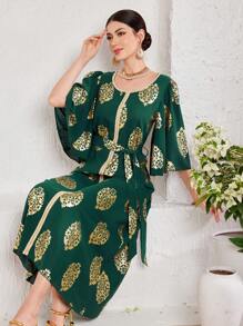 Al Najma NỮ Dài Tiếng  Ả Rập Phong cách Đầm Với Vòng cổ , Ruffled Và In hoa - màu xanh lá - Xem 7