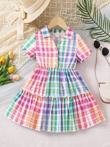 SHEIN 夏天少女花格紋彩色拼接荷葉邊襯衫連身裙 - 彩色 - 查看 1