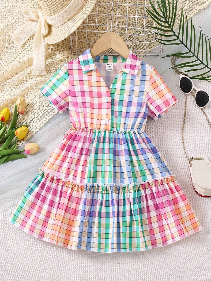 SHEIN 夏天少女花格紋彩色拼接荷葉邊襯衫連身裙 - 彩色 - 查看 1