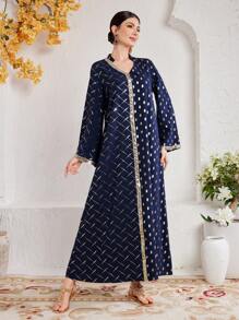 Al Najma 春季印花裙，配有閃粉帶和飄逸袖子 - 寶藍色 - 查看 7