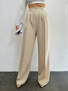 EURMUSE Solid Zipper Fly Fold Pleated Pants - Beige - View 1