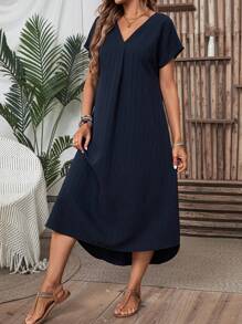 EMERY ROSE Solid Color V-Neck Batwing Sleeve Hi-Low Hem Summer Dress Long Dress Maxi Women Dresses