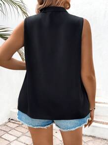 SHEIN Clasi 大碼女性夏季蕾絲拼接無袖上衣,v領剪裁設計 - 黑色 - 查看 2