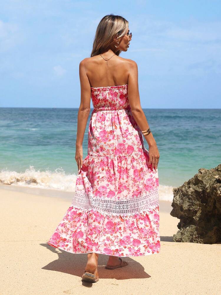 Women's Summer Vacation Floral Print & Lace Paneling Long Bandeau Dress With High-Low Hem