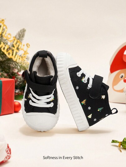 Boys' Black Fashionable Christmas Design High Top Sneakers For Comfortable And Casual Wear (random Pattern)
