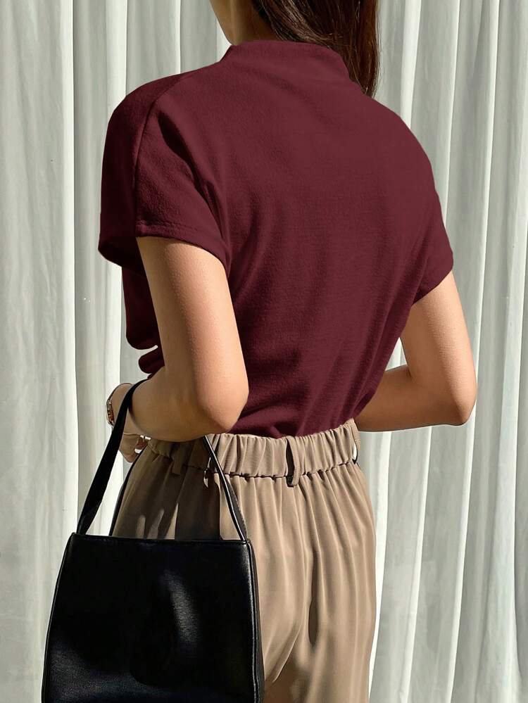 Solid Color Funnel Neck Batwing Sleeve T-Shirt