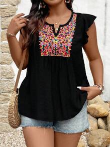 SHEIN LUNE 大尺碼刺繡劈領襯衫,配褶邊修飾 - 黑色 - 查看 5