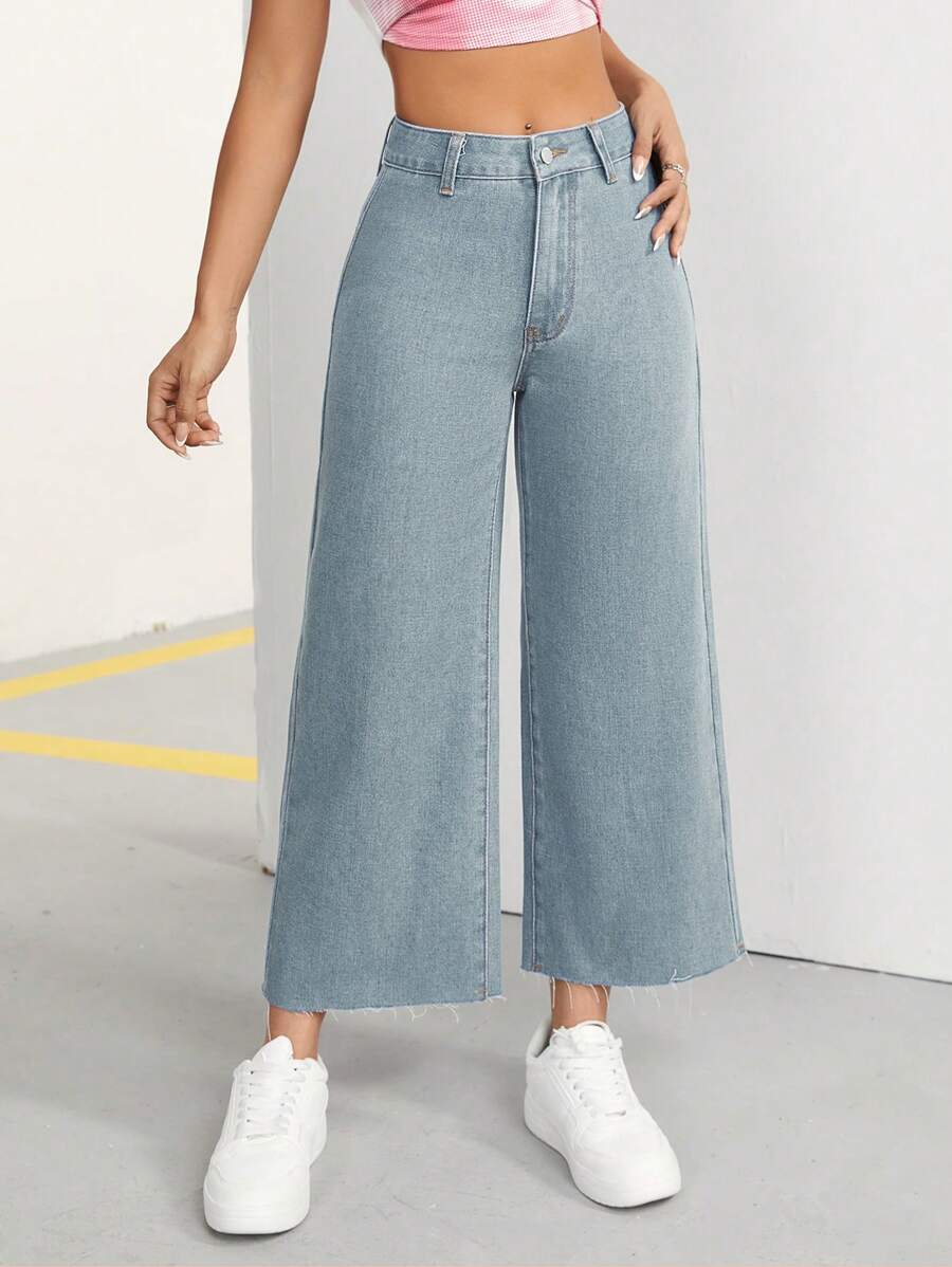 SHEIN PETITE Women's Spring/Summer Cropped Wide-Leg Jeans - Dusty Blue - View 1