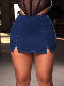 SHEIN SXY 純色牛仔短褲，設有縫裂 - 中等水洗藍 - 查看 1