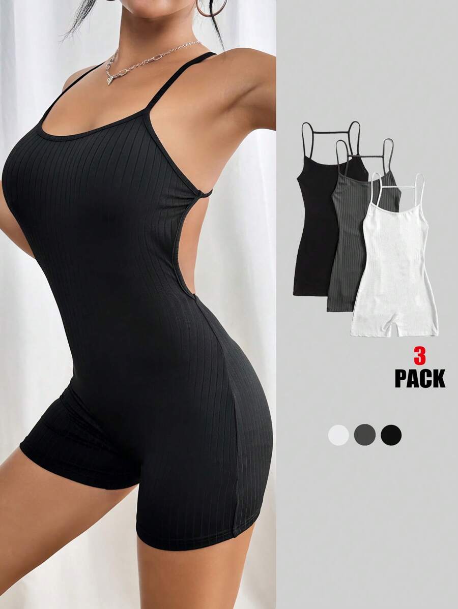 SHEIN PETITE Bộ áo liền quần bó sát có gân màu trơn dành cho nữ 3 chiếc/bộ dành cho gia đình - Nhiều màu - Xem 1