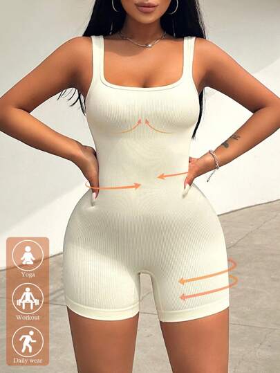 VaVaBold Women Summer Fall Casual Seamless Knit Solid Color Sports Outdoor Tight Romper Unitard Jumpsuit