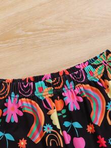 SHEIN Conjunto de top y shorts con estampado de flores de arcoíris para niña preadolescente - Multicolor - Ver 5