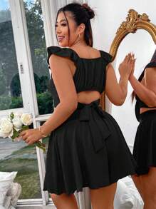 Flirla Plus Size Women's Summer Front Tie Flutter Sleeve Top And Shorts Set