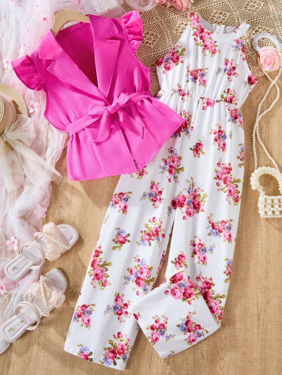 Niñas preadolescentes Top de manga corta de unicolor y mono estampado con flores - Multicolor - Ver 1