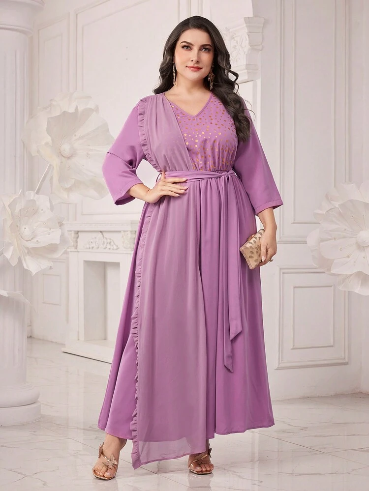 Plus Size Polka Dot & Gold Foil Printed Splicing Ruffle Hem Dress