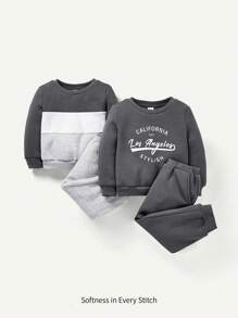 Cozy Pixies Conjunto De 4 Piezas De Sudadera Con Cuello Redondo Y Pantalones De Jogger Con Impresión De Letras Para Bebés Varones