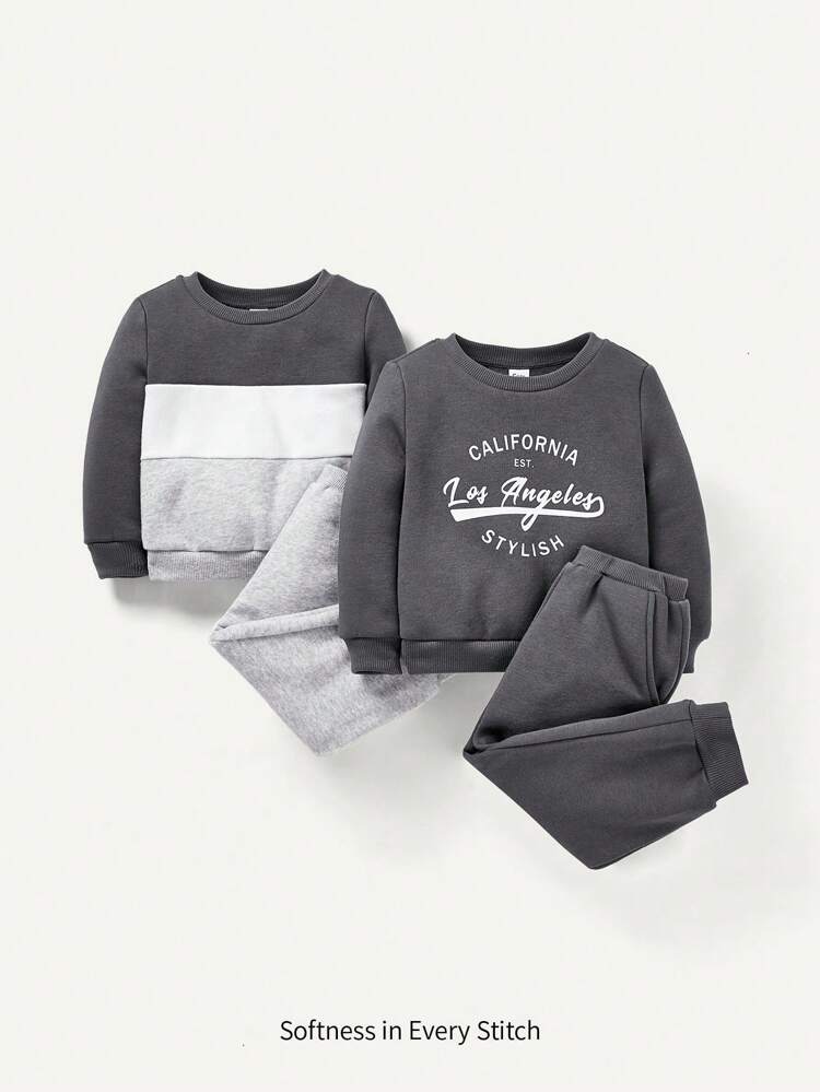 4pcs Baby Boys' Letter Print Round Neck Sweatshirt And Jogger Pants Set