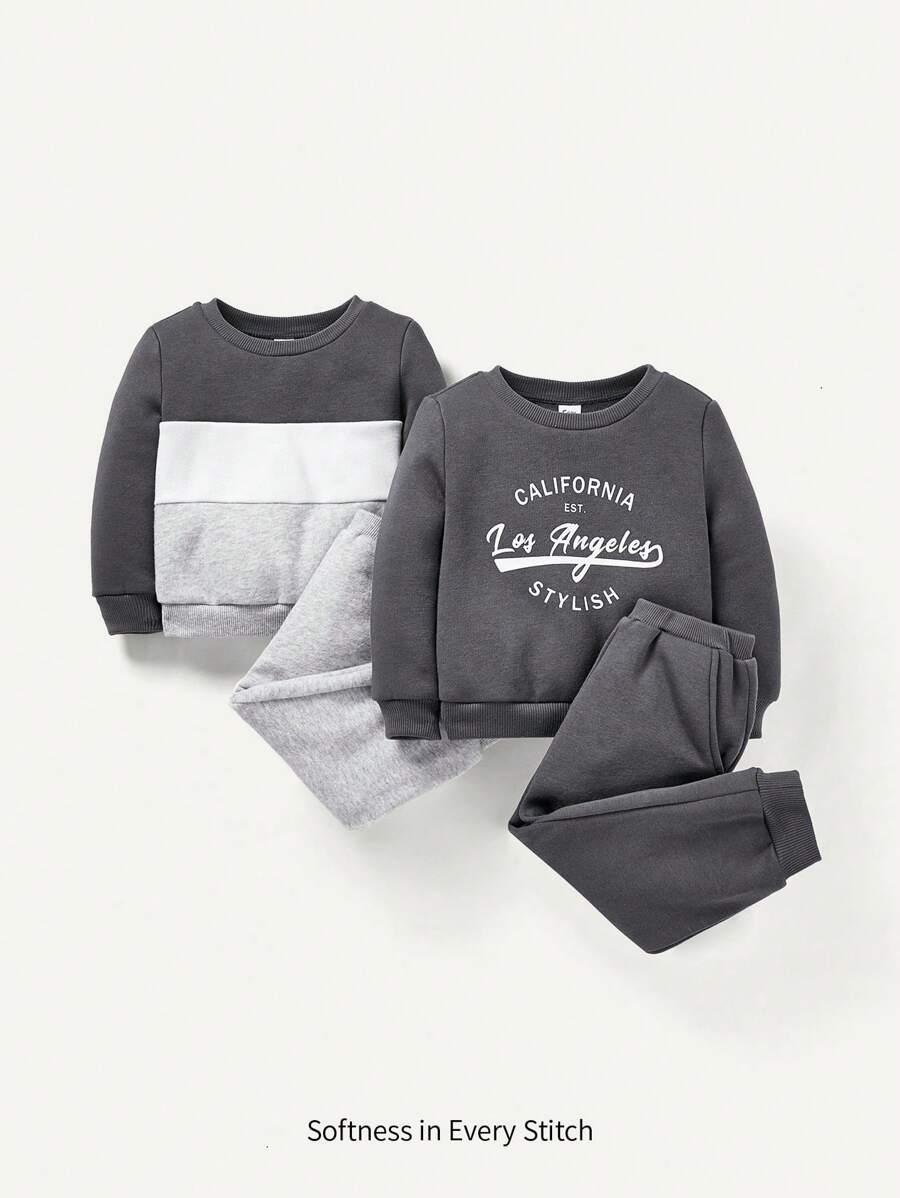 Cozy Pixies Conjunto De 4 Piezas De Sudadera Con Cuello Redondo Y Pantalones De Jogger Con Impresión De Letras Para Bebés Varones