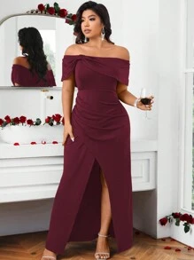 Allurite Burgundy Red Plus Size Solid Color Off-Shoulder Twisted Front High Slit Dress For Spring/Summer Wedding