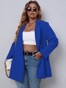 Calvaya 大碼男女春秋休閒西裝外套，翻領袖口並雙排釦設計 - 寶藍色 - 查看 1