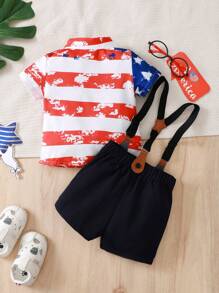 4th Of July Gentleman American Flag Print Bow Decorated Shirt + Solid Color Overall Shorts Two-Piece Suit For Baby Boys Toddler Kids, Suitable For Summer Occasions - Multicolor - View 2