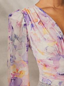 L'Amorae Elegant Allover Floral Print Lantern Sleeve Ruched Bodysuit