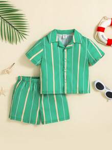 SHEIN Baby Boy Striped Short Sleeve Shirt With Lapel Collar And Casual Shorts Set