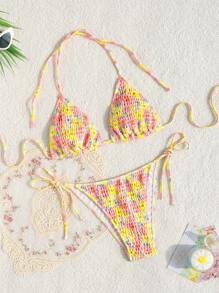 SHEIN Swim 夏季女士度假花卉印花露背系带两件套比基尼套装 - 彩色 - 查看 1