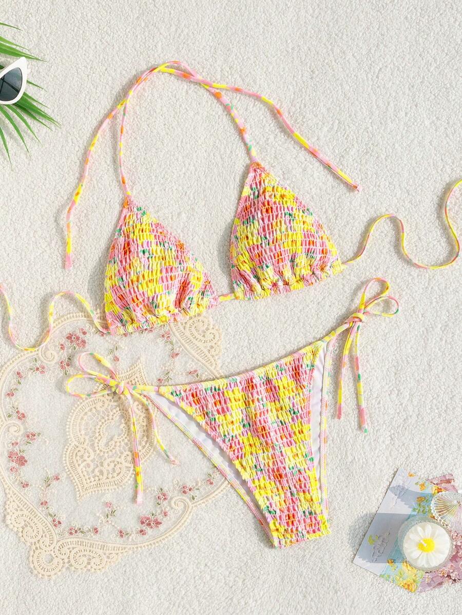 SHEIN Swim 夏季女士度假花卉印花露背系带两件套比基尼套装 - 彩色 - 查看 1