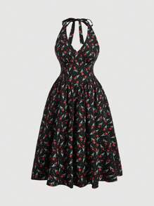 SHEIN MOD Váy chữ A cổ yếm in hoa phong cách nghỉ mát mùa hè cỡ lớn cho nữ có eo thắt chặt - màu đen - Xem 1