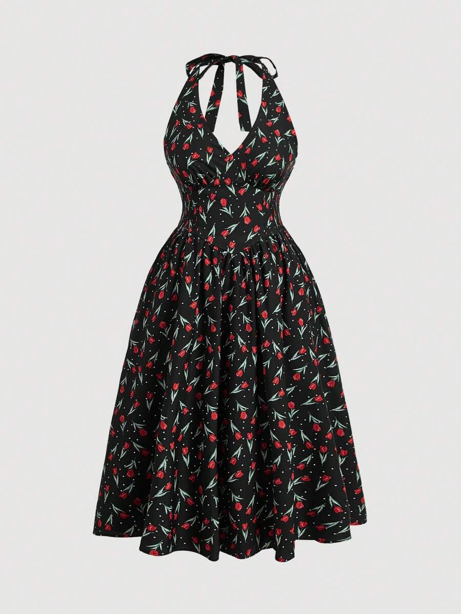 SHEIN MOD Váy chữ A cổ yếm in hoa phong cách nghỉ mát mùa hè cỡ lớn cho nữ có eo thắt chặt - màu đen - Xem 1