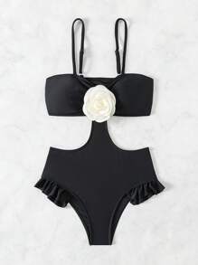 女生黑色花卉時尚假期休閒可愛泳裝套裝，親子裝（2件分開售賣）