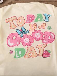 年輕女孩夏季休閒圓領短袖T卹，印有口號和卡通印花 - 黃色 - 查看 6