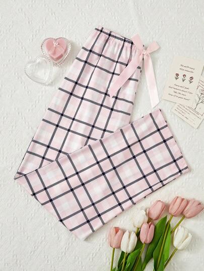 Ladies' Plaid Printed Wide Leg Pajama Pants With Bowknot Detail, Fall