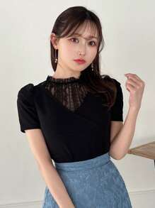 FRIFUL 單色蕾絲拼接泡泡袖t恤,適用於夏季 - 黑色 - 查看 7