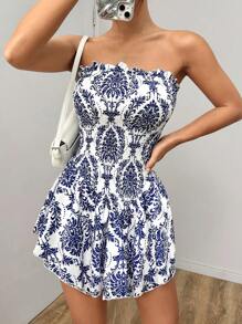 SHEIN Unity Bộ áo liền quần không dây in hình cây theo phong cách kỳ nghỉ thanh lịch và gợi cảm dành cho nữ cho mùa hè - Màu xanh lam - Xem 4