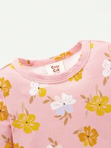Cozy Pixies 嬰兒女孩花卉圖案貼身睡衣,圓領,長袖上衣和腳袋褲,2件套裝 - 淺粉色 - 查看 5
