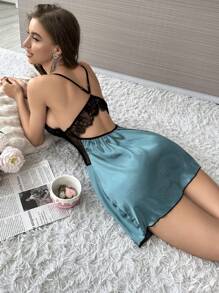 Women's Lace Long Sleeve Belted Robe And Camisole Nightgown Pajama Set