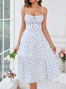 SHEIN VCAY 夏季假期迷你中長款束縛腿花卉印花連衣裙，適用於休閒場合 - 粉色 - 查看 6