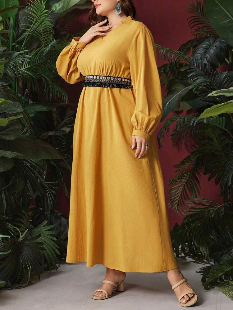Plus Size Women's Solid Color Lantern Sleeve Arabic Clothing