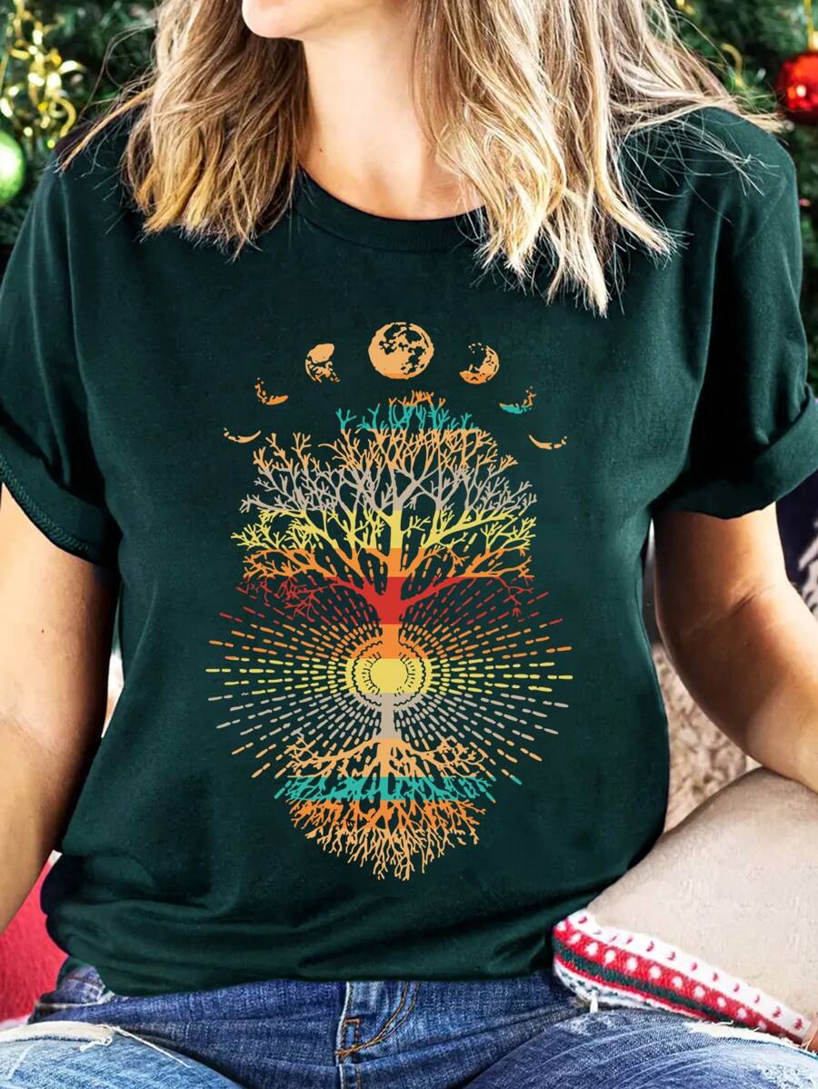 INAWLY Tree And Moon Print Short Sleeve T-Shirt For Summer Graphic Tees Women Tops - Green - View 1
