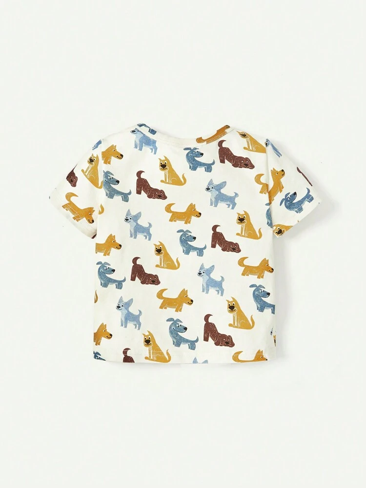 4pcs Baby Boys' Short Sleeve Cartoon Animal Print Tops And Shorts Set
