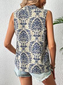 SHEIN LUNE Áo không tay cổ chữ V in họa tiết mùa hè thông thường - Màu xanh lam - Xem 2