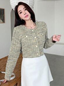 DAZY Business Casual Style Printed Round Neck Short Zip-Up Long Sleeve Jacket,Fall Clothes,Back To School Clothes Plaid - Multicolor - View 6