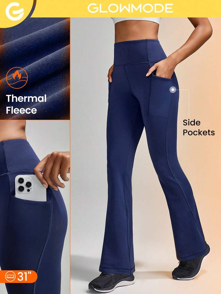 31" Fleece High Waist Flared Leggings Pants With Side Pockets Low Impact Yoga Pilates Daily Fall Winter