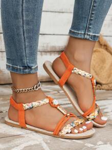 Women  Woven Flat Sandals For Summer, Lightweight And Non-Slip Beach Shoes, Random Colorful Woven Patterns Flat Sandals - trái cam - Xem 4