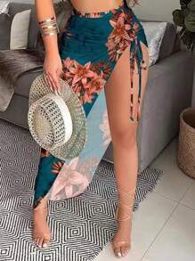 INAWLY Màu thuần Vòng cổ Xu hướng: Cắt giảm Xếp li Áo ba lỗ Và In hoa Khe Váy - màu nâu - Xem 4